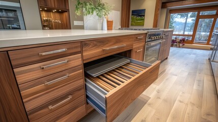 Integrated dish rack drawer with water drainage built into the cabinet