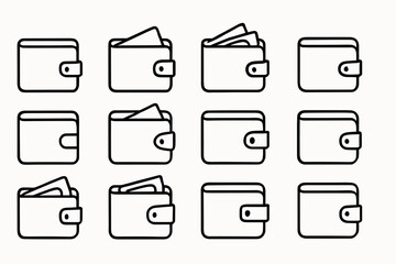 Minimalist wallet icon set featuring various open and closed designs