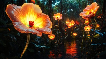 Enchanted jungle with giant glowing flowers – mystical nature fantasy scene