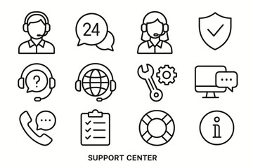 Support center icons: customer service, assistance, communication, tools, information