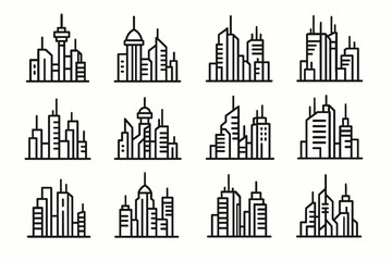 Set of twelve line art city skylines with diverse architectural designs