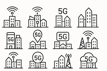 Fototapeta premium 5g communication technology icons: urban buildings and network symbols