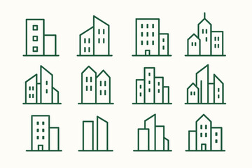 Fototapeta premium Minimalist urban building icons set in green outline style
