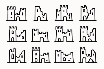 Set of twelve simple medieval castle line drawings with varying designs