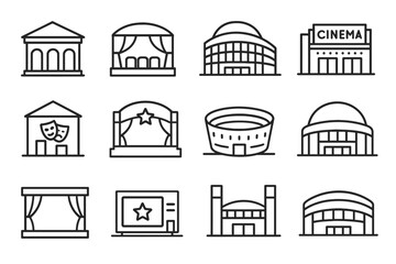 Collection of theater and cinema building icons in line art style