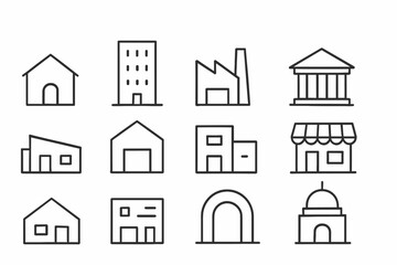 Line icons: diverse building structures including houses, factories, and shops