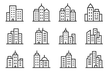 Outline icon set of modern skyscrapers and urban buildings