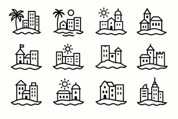 Set of twelve simple line art icons featuring cityscapes and buildings