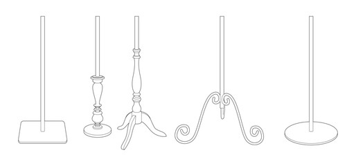 Vector illustration of five different metal and wooden display stands in line art style, isolated on white background. Vertical orientation.