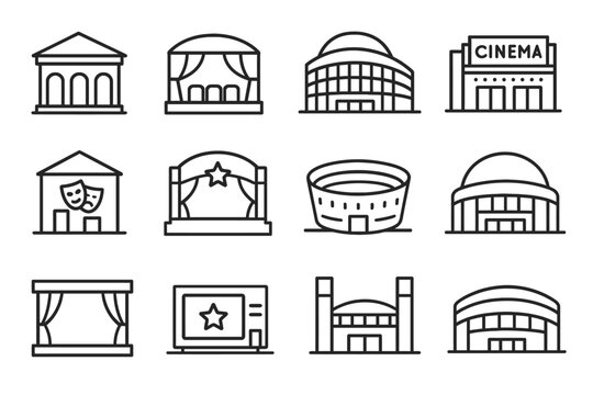 Collection of theater and cinema building icons in line art style