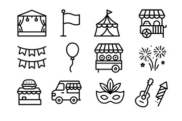 Outline icons of circus and carnival elements: tents, balloons, and fireworks