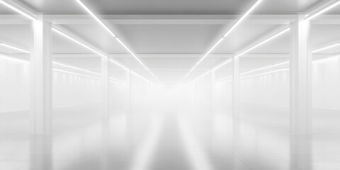 Obraz premium Spacious and Bright Futuristic Hallway Interior with Illuminated Colonnades and Concrete Flooring