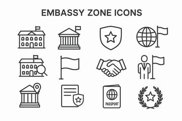 Embassy zone icons set featuring buildings, flags, passport, and global symbols