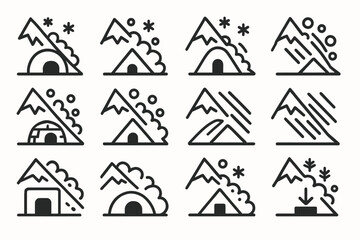 Collection of minimalist mountain and igloo line icons with snowflakes