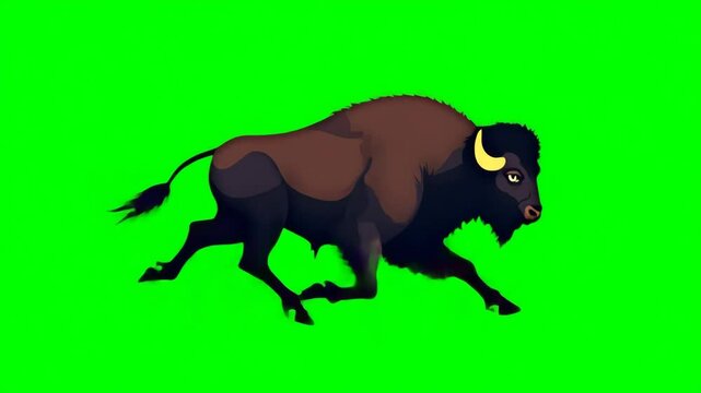 Wild bison running, from the series "Wild West",  cartoon style, green screen, chroma key, footage, mockup, loop