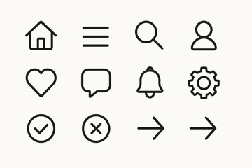 Simple black line icon set: home, menu, search, user, heart, chat, bell, gear, check, cross, arrow