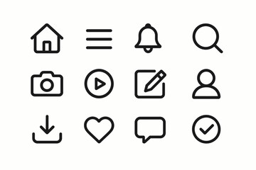 Simple black icon set: home, menu, bell, search, camera, play, edit, user, download, heart, chat, checkmark