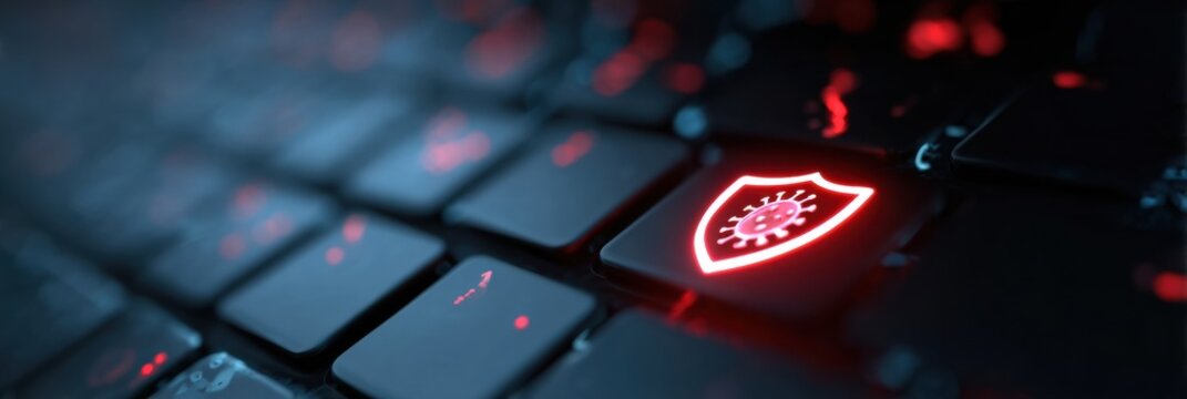 Antivirus Shield Pulsating to Deflect Phishing Bug on a Keyboard in a Darkened Environment - Powered by Adobe