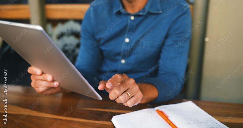 Poster remote work, man or hands with tablet at restaurant for research, editor feedback or proofreading. n
