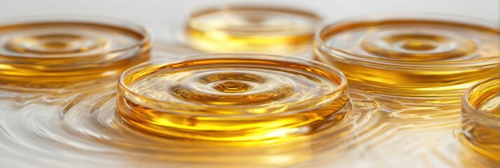 Golden Liquid Ripple Effect in Close-Up View, Featuring Soft Waves and Transparent Circular Patterns, Ideal for Skincare, Beverage, and Design Industries with Rich and Warm Aesthetic Tones