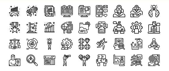 Business strategy icons set marketing growth planning success