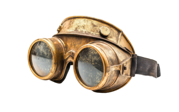 The old fashioned pair of glasses has a gold frame and a black strap