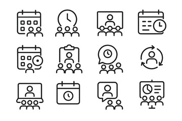 Calendar and meeting icons: schedule, time, team, and presentation outline set