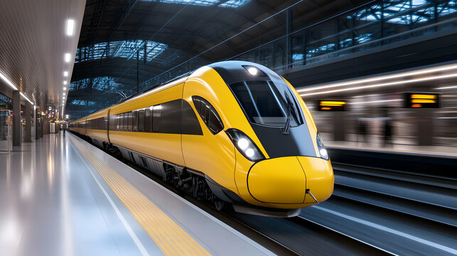 High-speed orange passenger train moving at railway Station platform at sunset