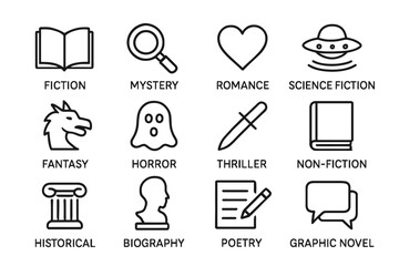 Book genre icons: fiction, mystery, romance, sci-fi, fantasy, and more