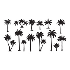 Set of black palm tree silhouettes isolated on white background. Vector illustration.