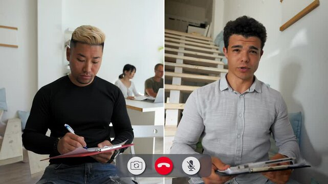 Two individuals are participating in a split screen online group discussion about a project.