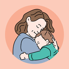 Mother embracing child with love and tenderness, set of baby care and breastfeeding icons in flat cartoon