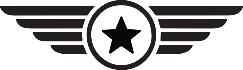 Military Star Wings Emblem Vector – Black Silhouette Icon, Military Star Badge with Wings – Vector Emblem Design, Aviation Wing Insignia with Star – Flat Vector Icon