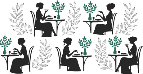 Elegant woman silhouette, drinking tea, cafe scene, table decor, floral elements, relaxing moment, modern lifestyle, femininity, peaceful elegance

 flat vector illustration
