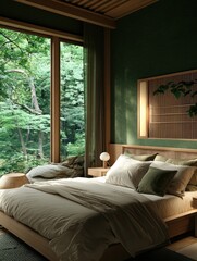 Fototapeta premium Calm bedroom with forest view