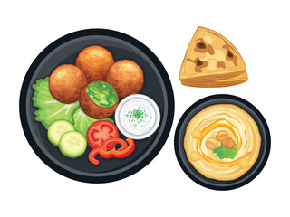 Falafel, hummus, pita bread and and garnish top view vector illustration. Falafel and hummus icon set isolated on a white background. Deep fried chickpea balls on a plate drawing