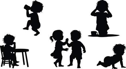 Cute toddler silhouettes, children playing, crawling, drinking, sitting, interaction moments, early childhood, baby activities, innocence, fun, growth, preschool behavior

 flat vector illustration