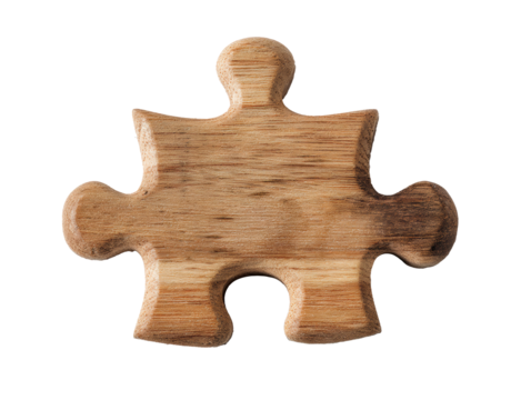 Unique wooden puzzle piece for creative projects and designs, cut out transparent