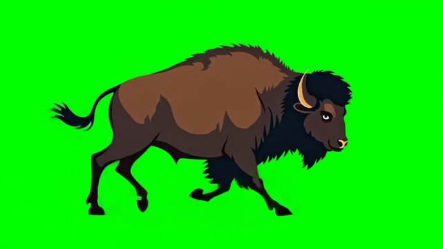 Wild bison walking, from the series "Wild West",  cartoon style, green screen, chroma key, footage, mockup, loop