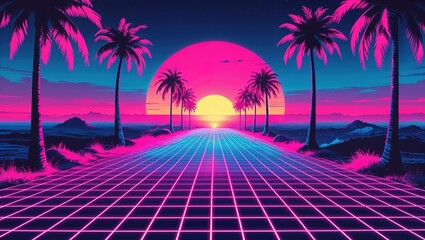 Naklejka premium A stunning sunset bathes a palm-lined road in pink and purple hues. The vibrant colors reflect off a grid pattern, creating a retro-futuristic ambiance by the ocean