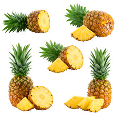 Pineapple set whole and cut in pieces isolated on white or transparent png