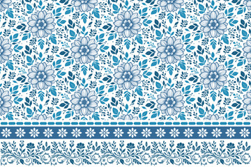 seamless border embroidery clean outline.fashion home textile white background one line.blue floral pillow cover sketch floral.texture petals modern hand drawn.simple petal floral elements design

