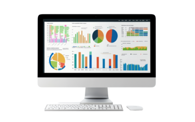 Computer monitor displays a number of colorful graphs and charts