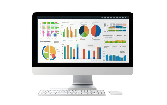 Computer monitor displays a number of colorful graphs and charts - Powered by Adobe