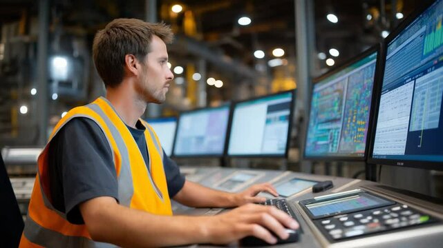 Engineer monitoring SCADA system in industrial control room