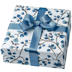 A wrapped present with blue floral paper and a matching ribbon bow on transparent background