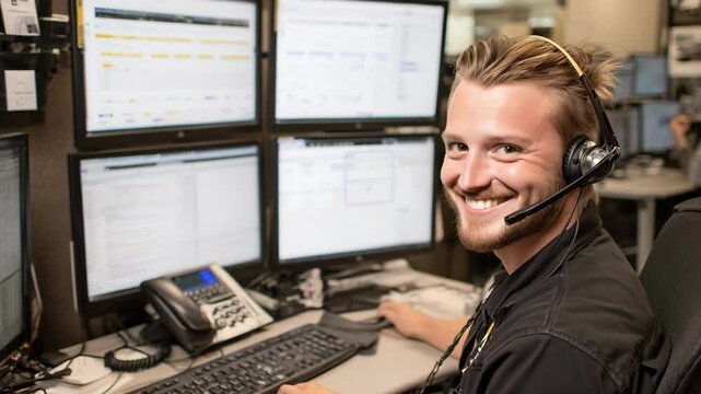 Young caucasian male customer service representative engaged in multitasking at a tech support call center