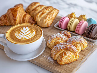  An inviting shot of a cappuccino with delicate latte art, served alongside a selection of freshly baked croissants and sweet pastries. made with generative AI