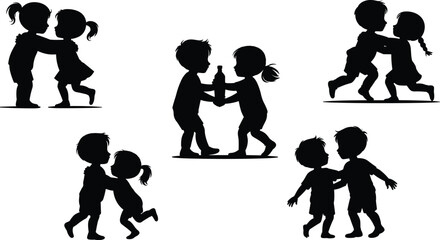 Cute children silhouette, hugging, sharing, running, holding hands, childhood affection, friendship, bonding moments, emotional connection, flat vector illustration
