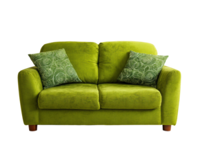 Cozy green loveseat for modern living room decor, cut out transparent